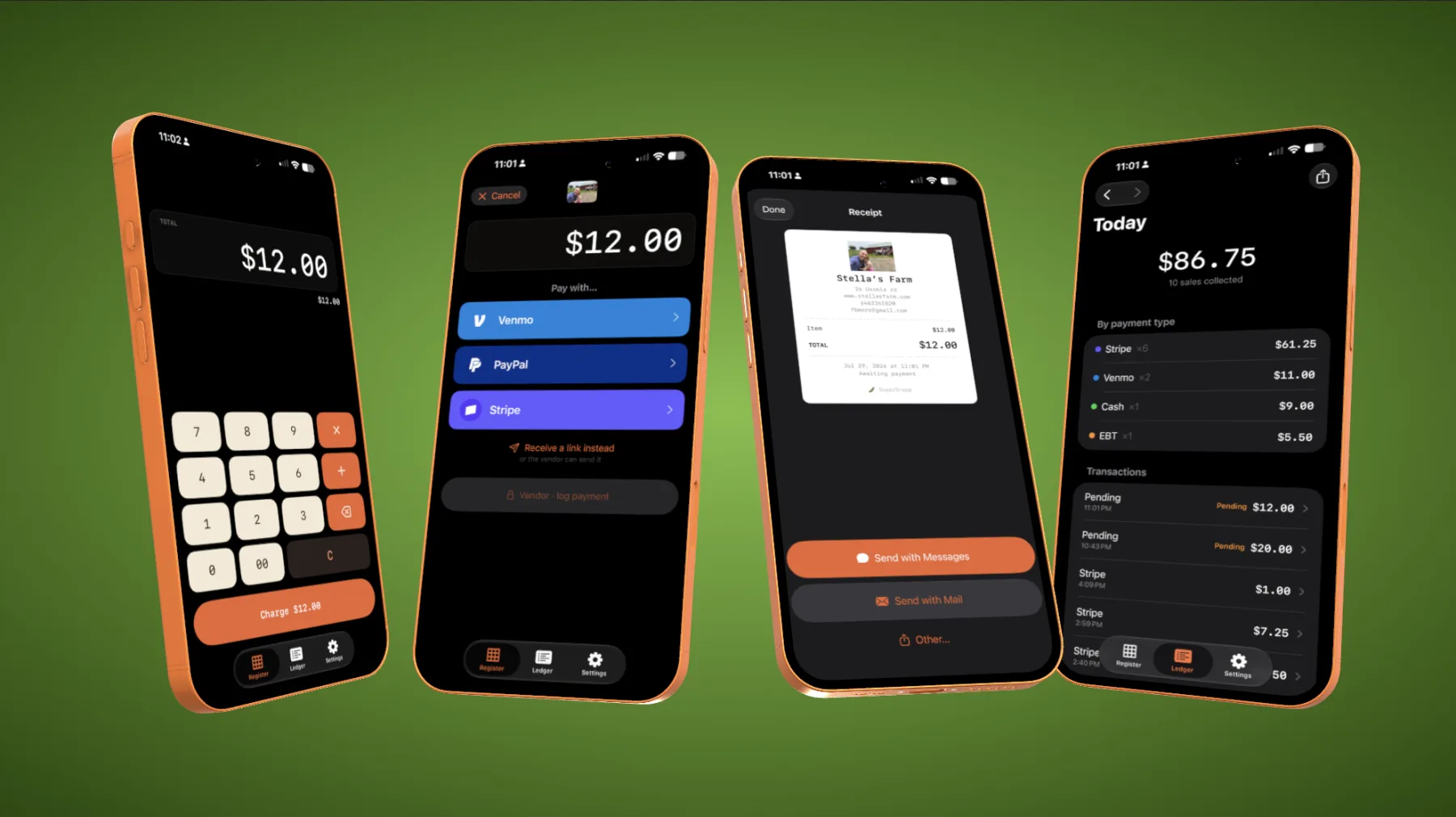 SugarSnapp on four iPhones: the register keypad, the payment picker, a receipt, and the daily ledger