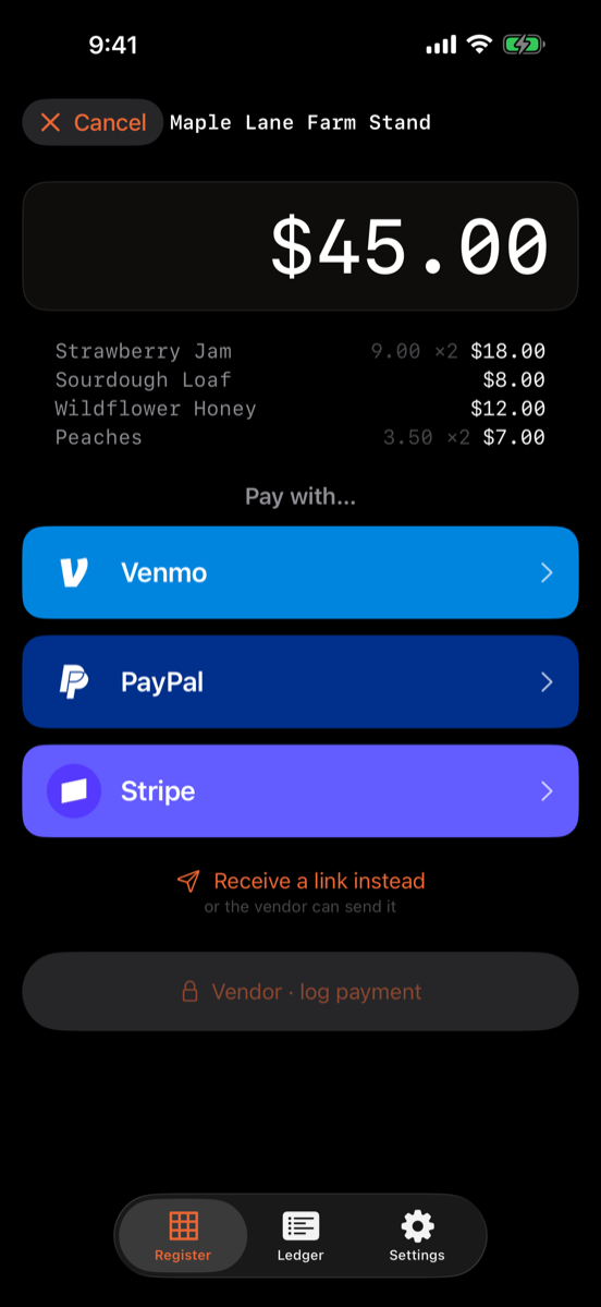 Customer screen: locked total with branded payment app buttons