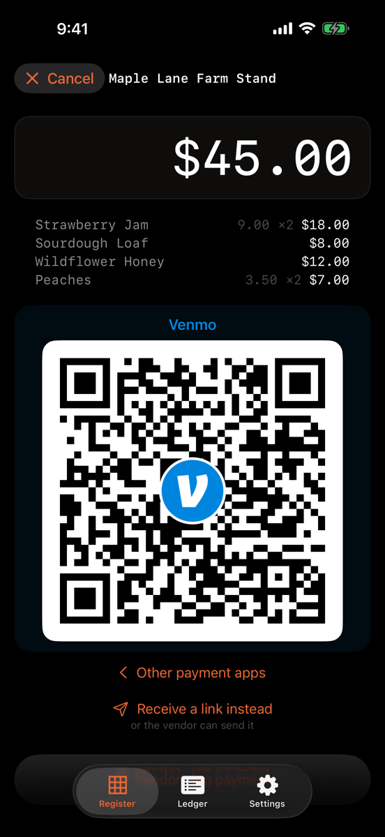 One large scannable QR code for the chosen payment app