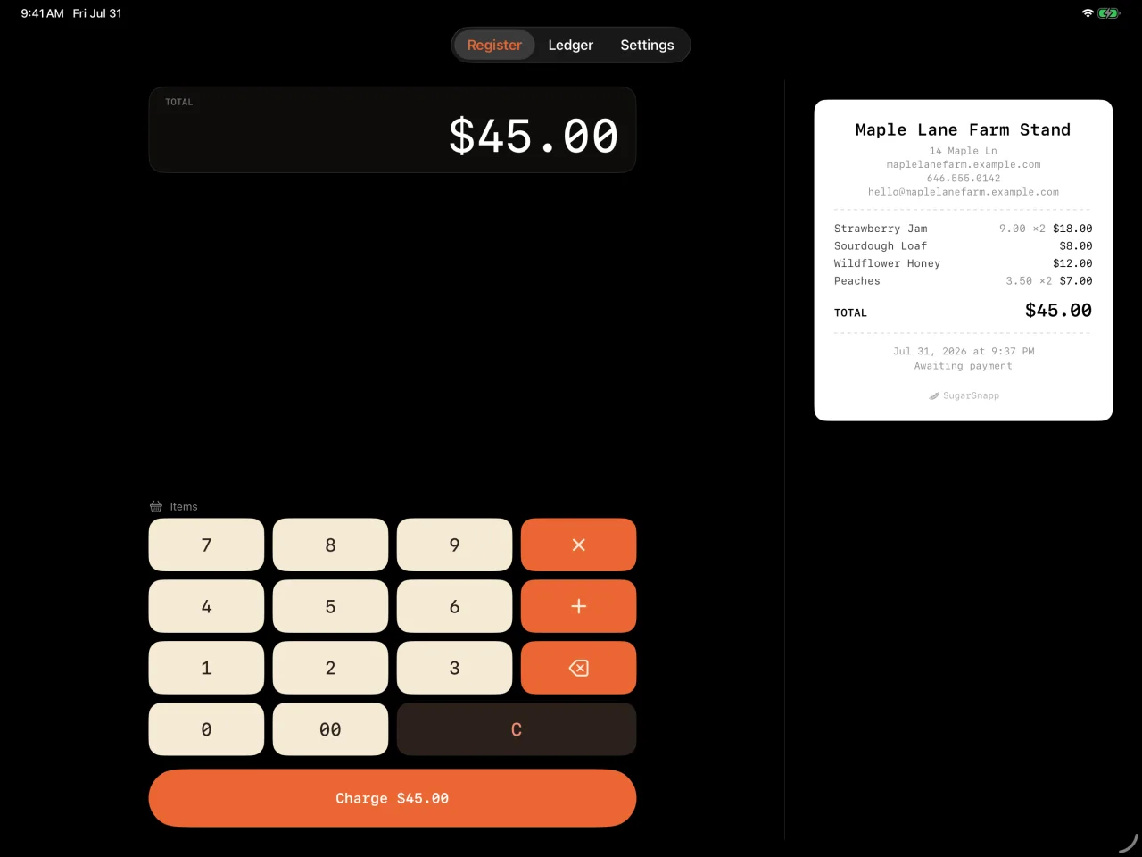 iPad in landscape: register keypad beside a live receipt preview